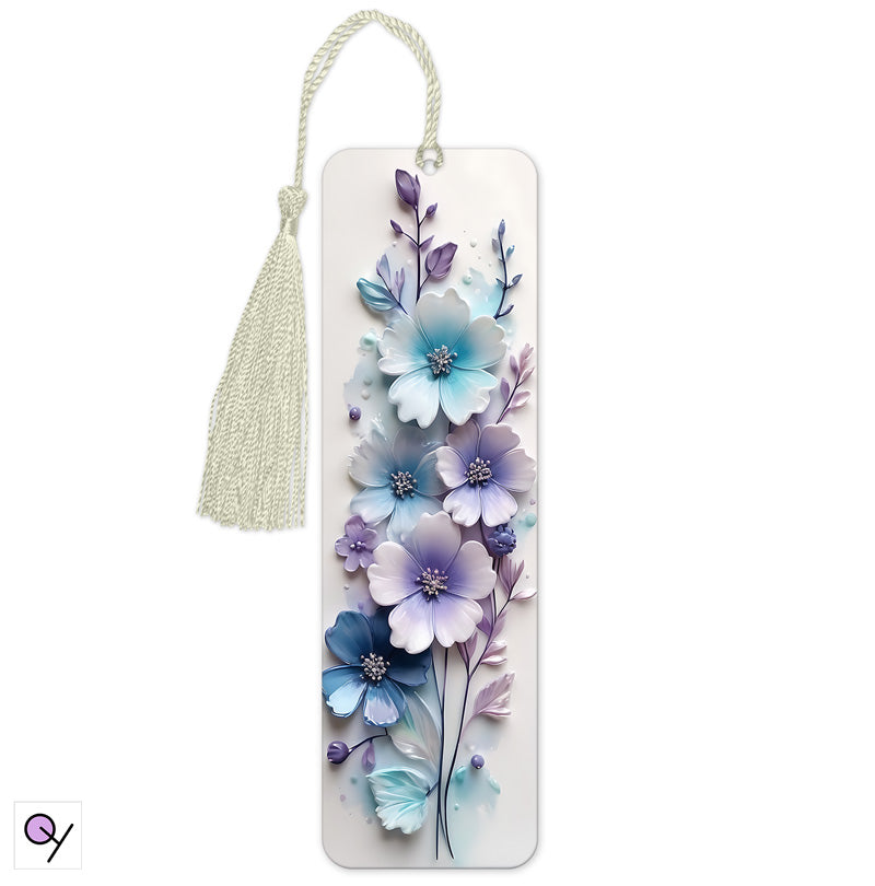 Purple and blue 3D flowers bookmark, very pretty, perfect for gifting. Modern design on a white background