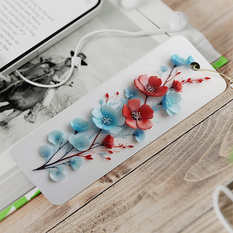 Pretty bookmark of Red and blue 3D flowers.  Very Pretty.  The bookmark is on a white background