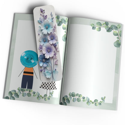 Elegant purple and blue 3D floral bookmark, 15x4.5 cm, ideal as a gift for book lovers.