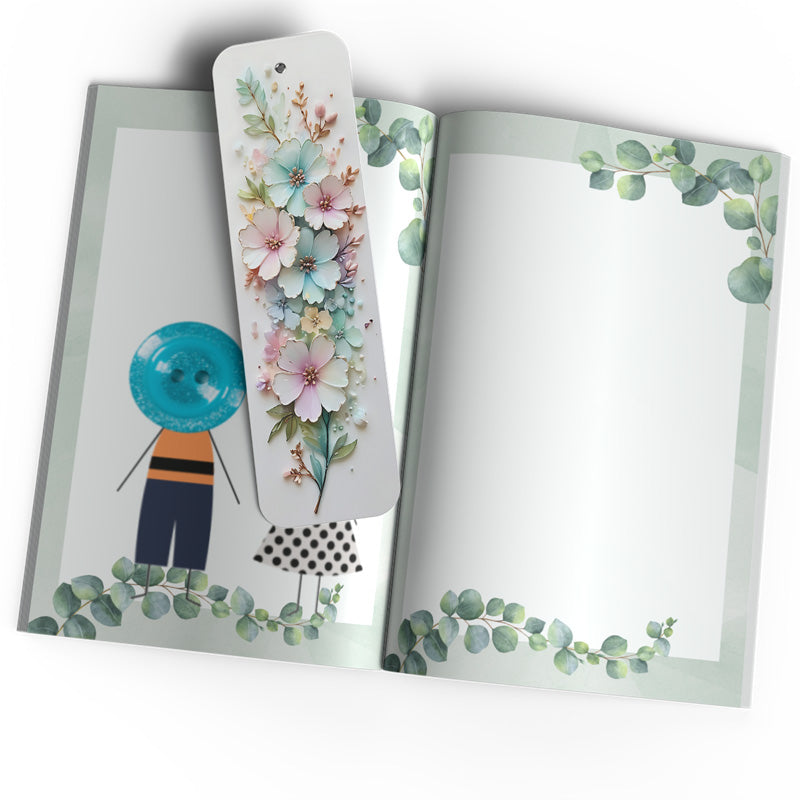 Gifting made easy with the beautiful bookmark covered in 3D flowers for an awesome effect.  The bookmark is sitting on a child's book, upon a white background.