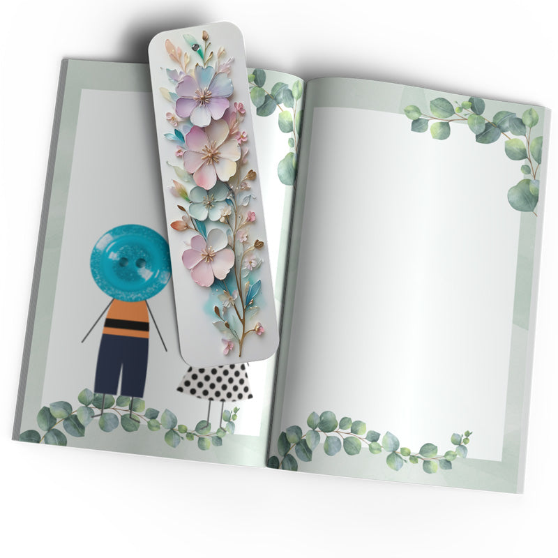 A gorgeous Modern 3D bookmark of dusky pastel colours.  Very pretty, on a white background.  The bookmark gift is on a open childs book.