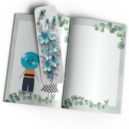 A stunning blue and white D Flower Floral Bookmark design.  A gift for book lovers.