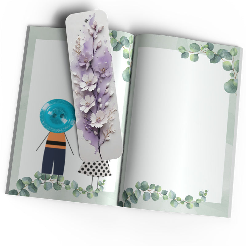 Pretty purple and white 3D flowers bookmark on a white background, made of aluminum. Perfect gift for book lovers.