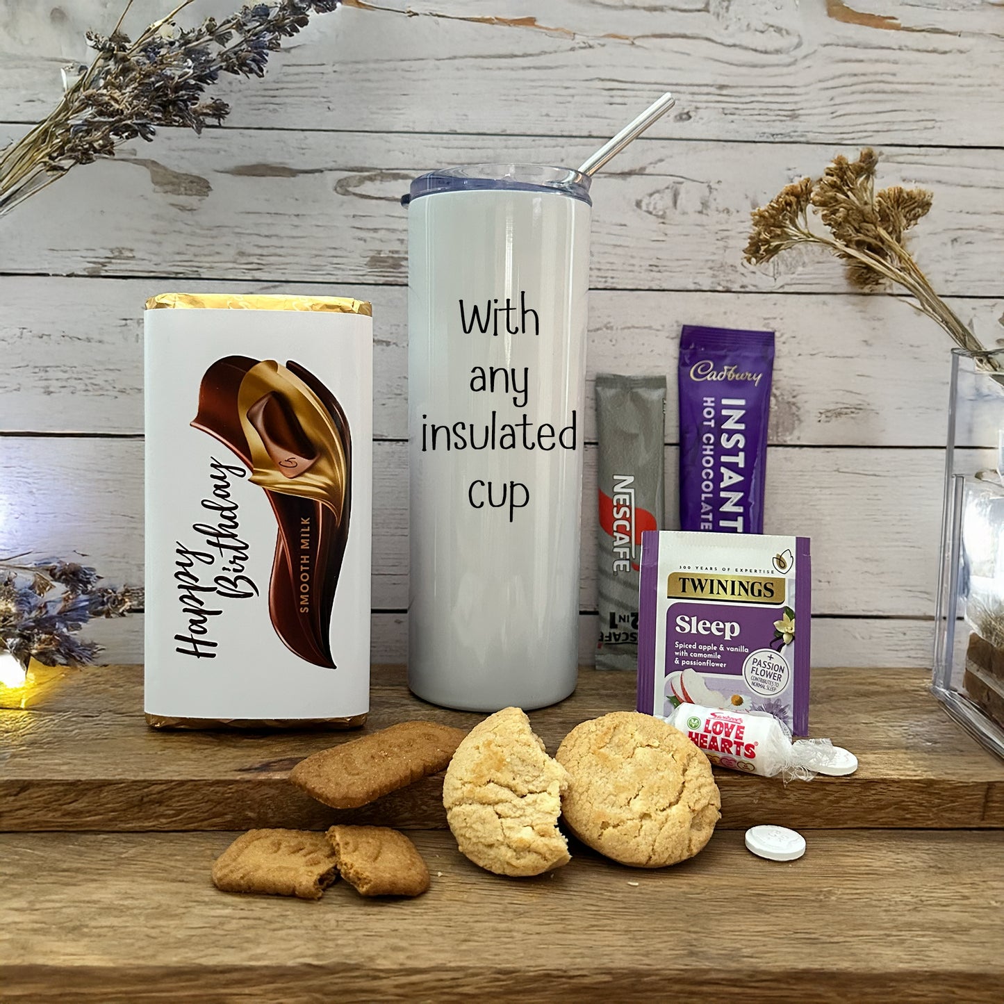 Gift set with  TRIO OF DRINKS AND TREATS, PERSONALISED INSULATED TRAVEL CUP AND GALAXY CHOCOLATE GIFT FOR HIM OR HER
