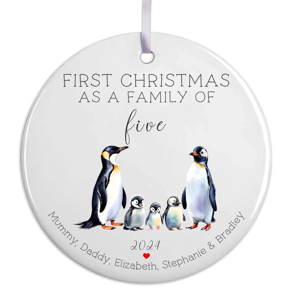 Custom 2024 penguin family tree decoration with white ribbon