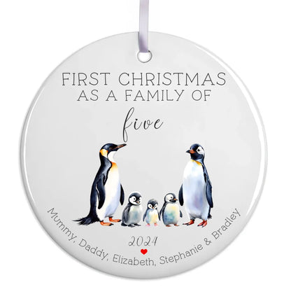 Custom 2024 penguin family tree decoration with white ribbon