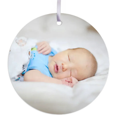 Custom name and date babys first photo Christmas with white ribbon