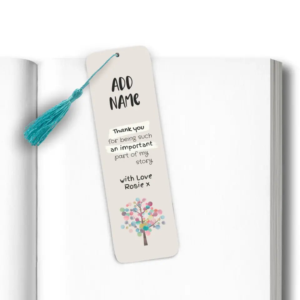 aluminium bookmark with 'Thank You for Being Part of My Story' text