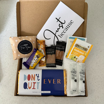Encouragement gift box UK with motivational message and treats - post right through the letterbox