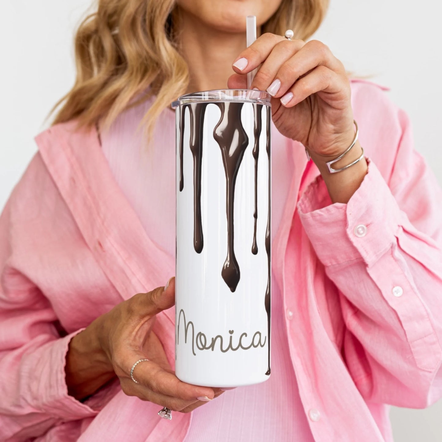 Insulated cup with dripping chocolate and personalised with a name - perfect for chocolate lovers