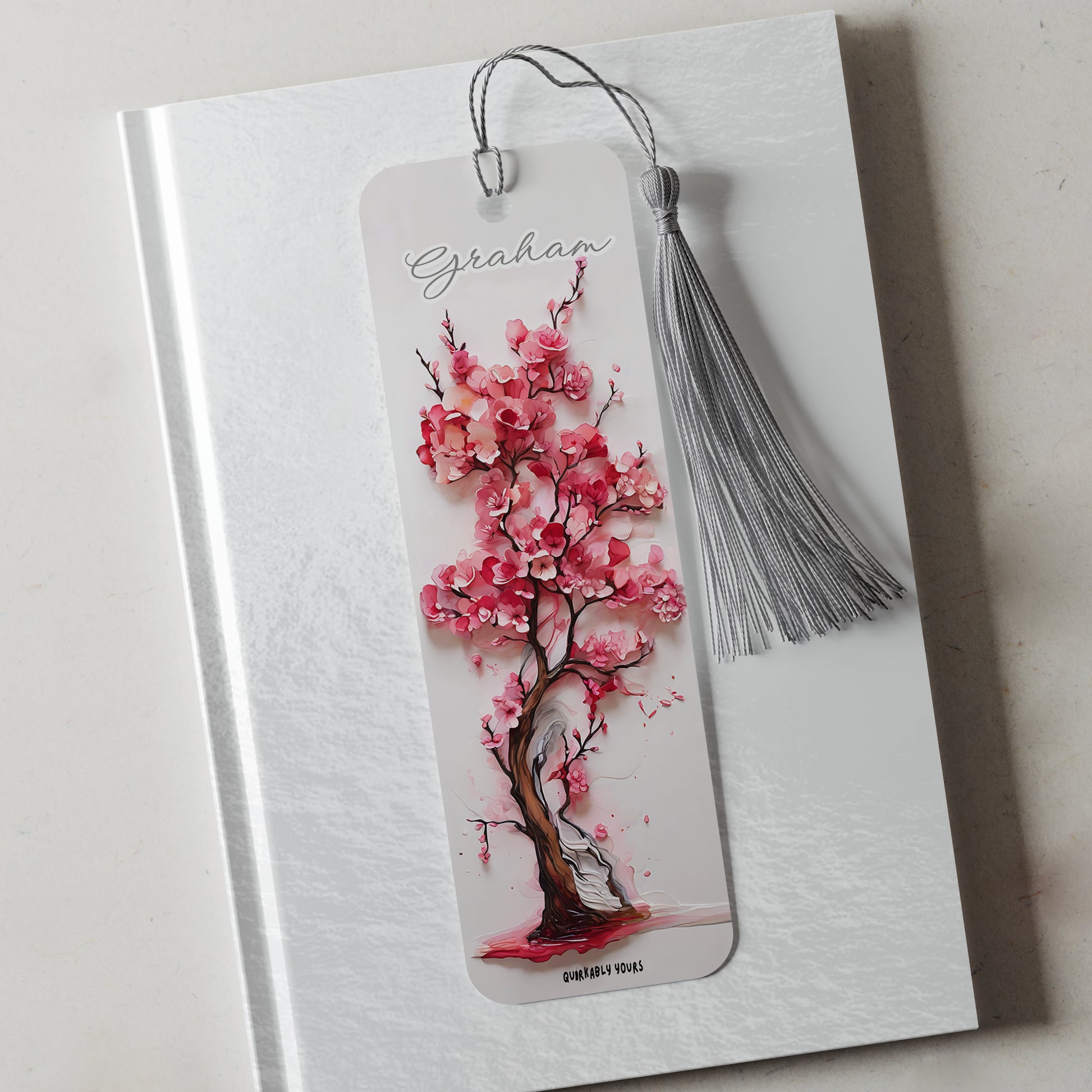 Personalised floral aluminium bookmark with pink and red blossoms
