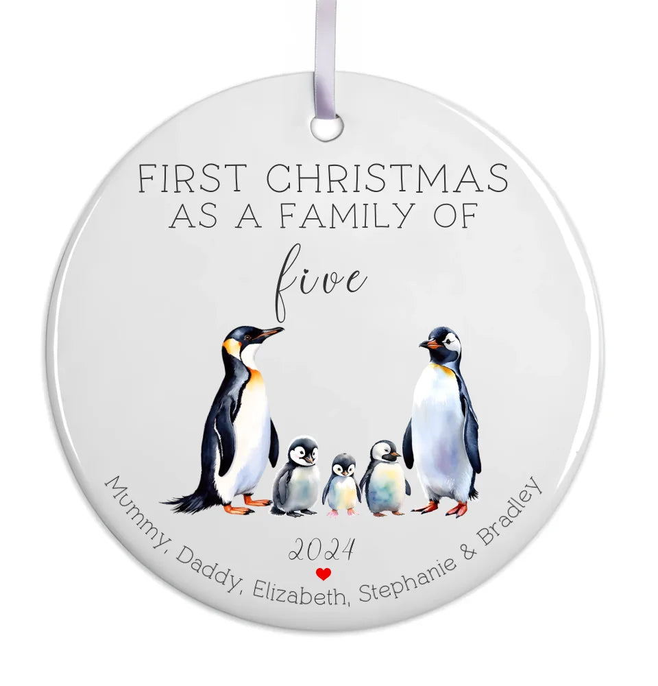 Family of three Christmas penguin bauble with white ribbon