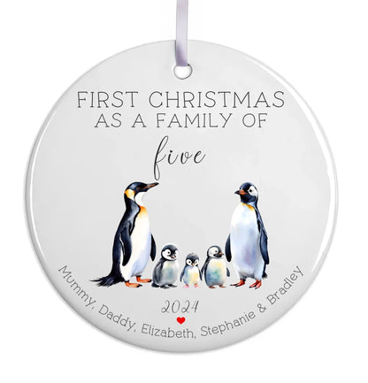 Family of three Christmas penguin bauble with white ribbon