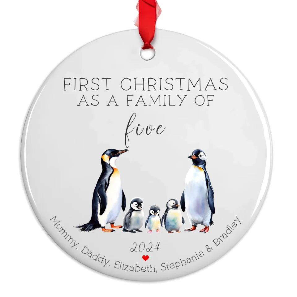 First Christmas as a family of up to 6 bauble with red ribbon