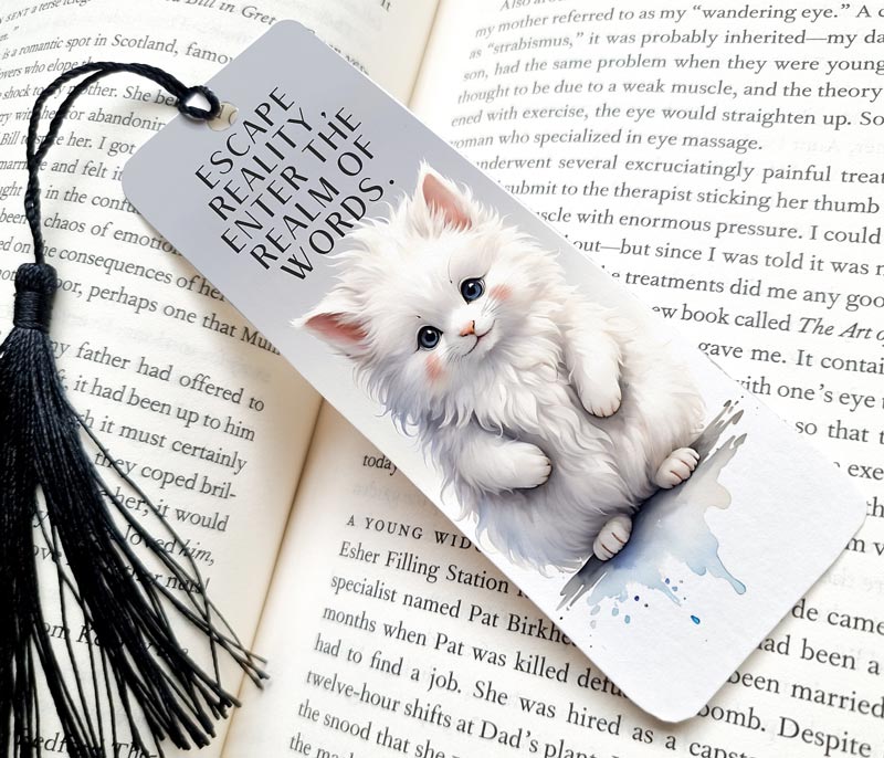 Whimsical White Cat "Escape Reality" Bookmark