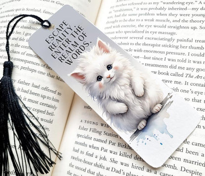 Whimsical White Cat "Escape Reality" Bookmark