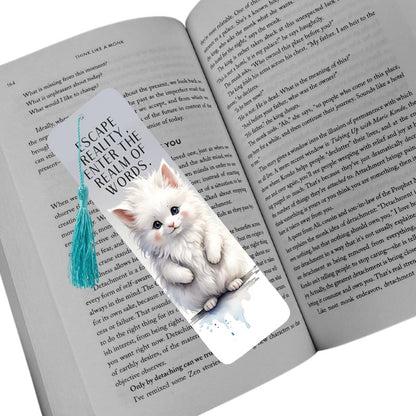 Whimsical White Cat "Escape Reality" Bookmark