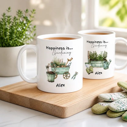 two happiness is gardening mugs that can be personalised with his or her name