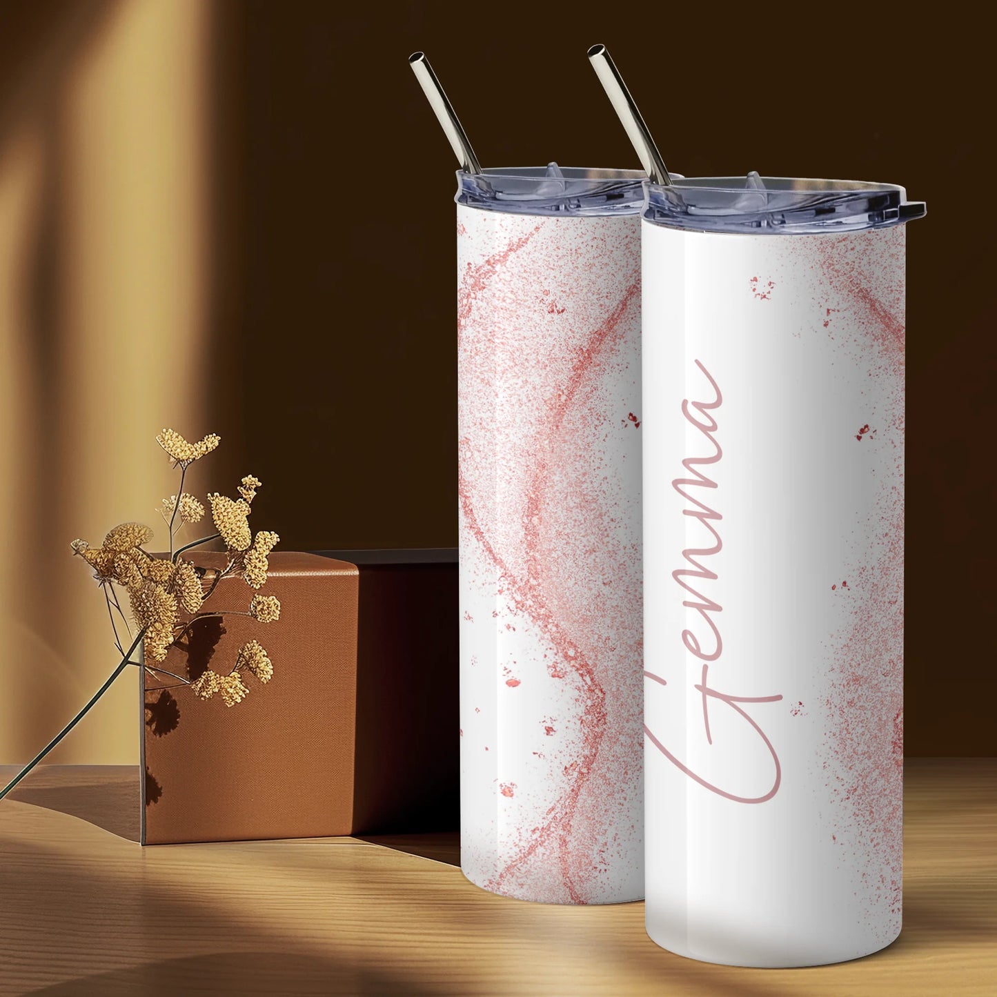 Two tumblers with a glitter effect design.  Add a name Hot and Cold Tumbler cup