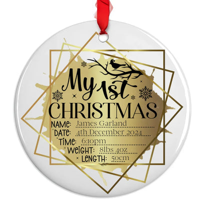 Gold and black Christmas tree decoration for newborn with red ribbon
