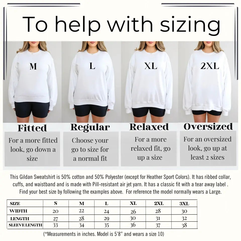 Help with sizing of Sweatshirt Quirkably Yours 4 ladies standing in a row with different sizes on.