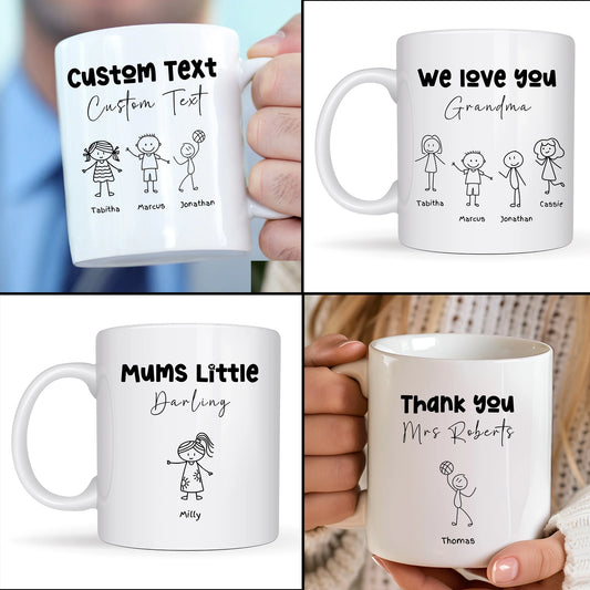 mugs with personalised text and stick figure designs