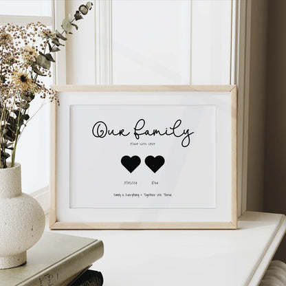 Family names print with black hearts
