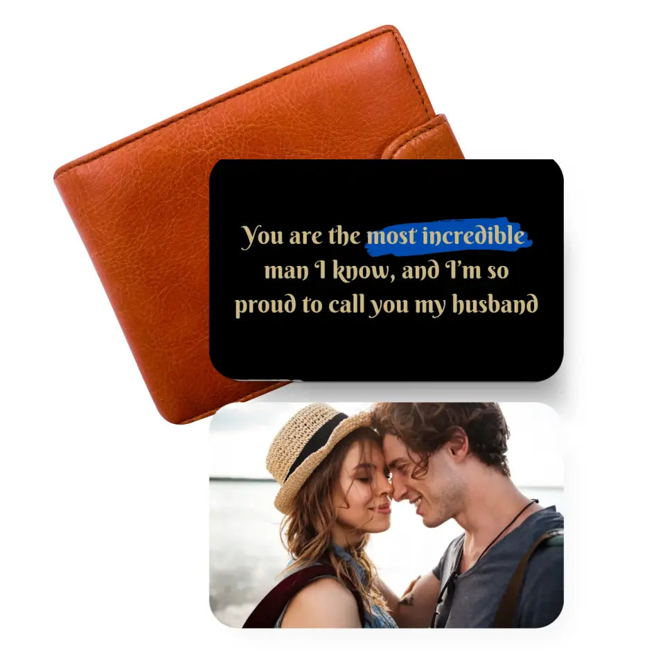 Most incredible man card in black with photo on a wallet