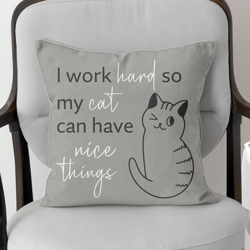 grey cat cushion with funny quote