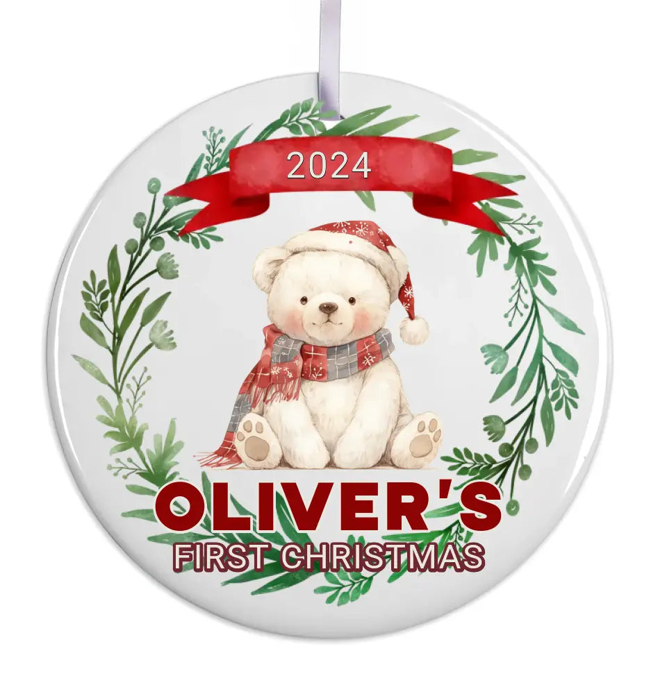 Personalised Christmas bauble with baby’s name and white ribbon