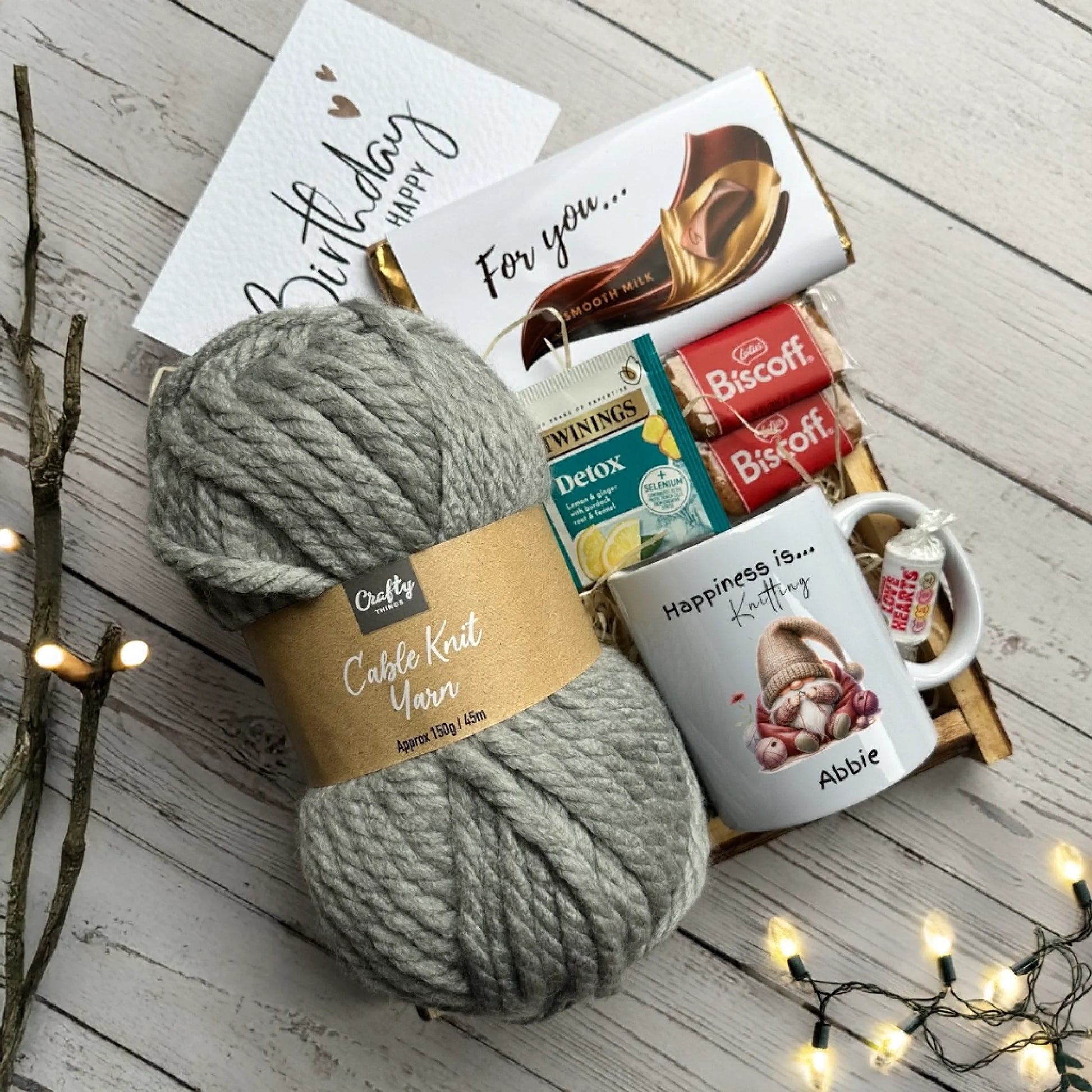 Happiness is knitting mug with thick wool, reats and chocolate - gift set for knitters