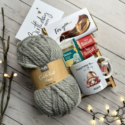 Happiness is knitting mug with thick wool, reats and chocolate - gift set for knitters
