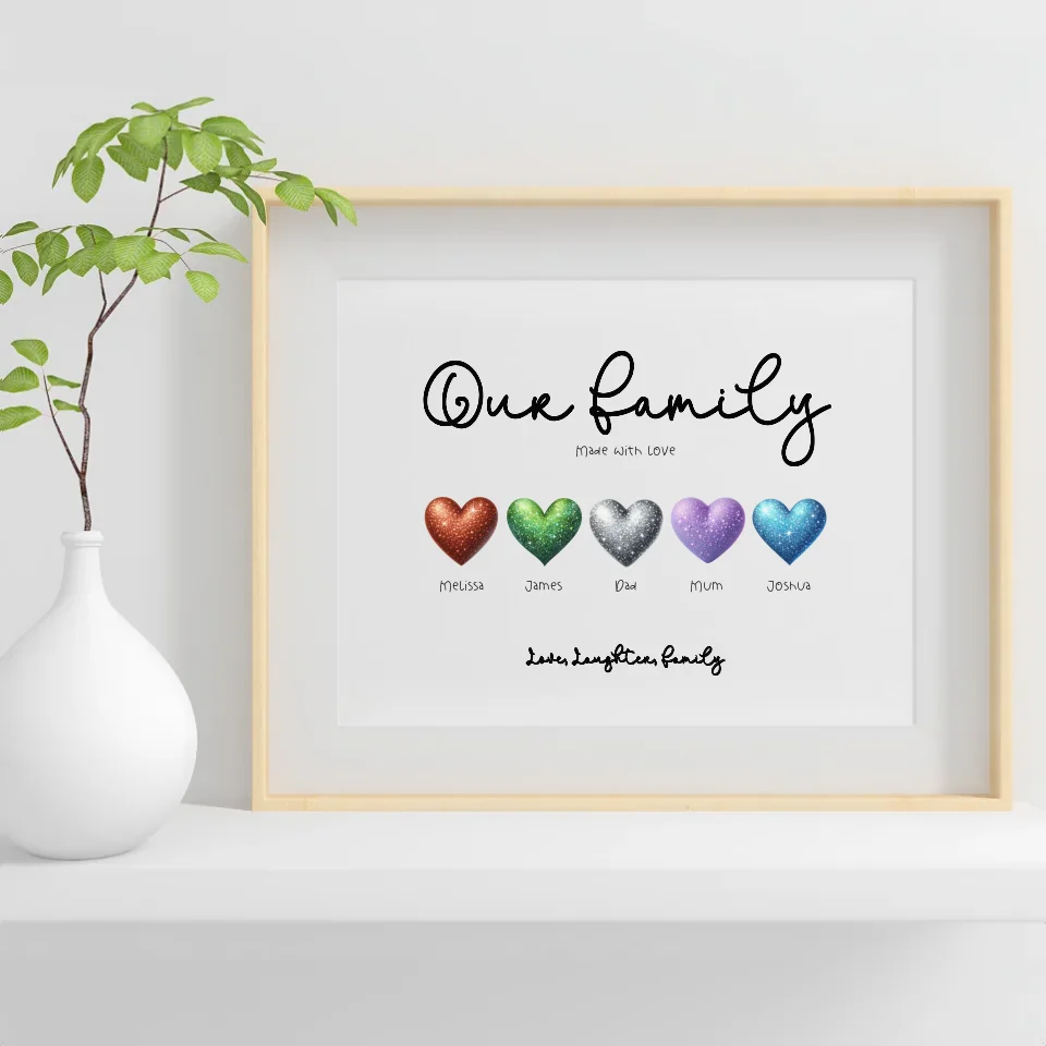 Custom family gift with personalised hearts and names