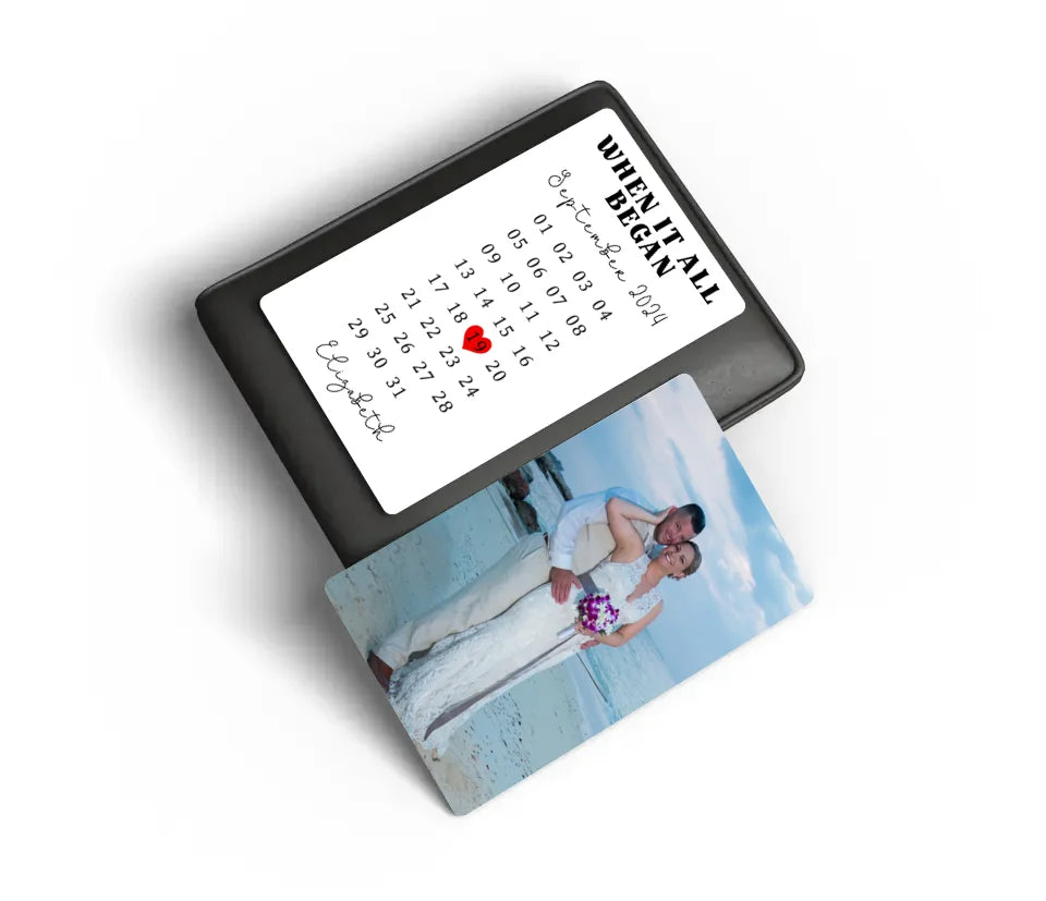 Personalised love story wallet card when it all began