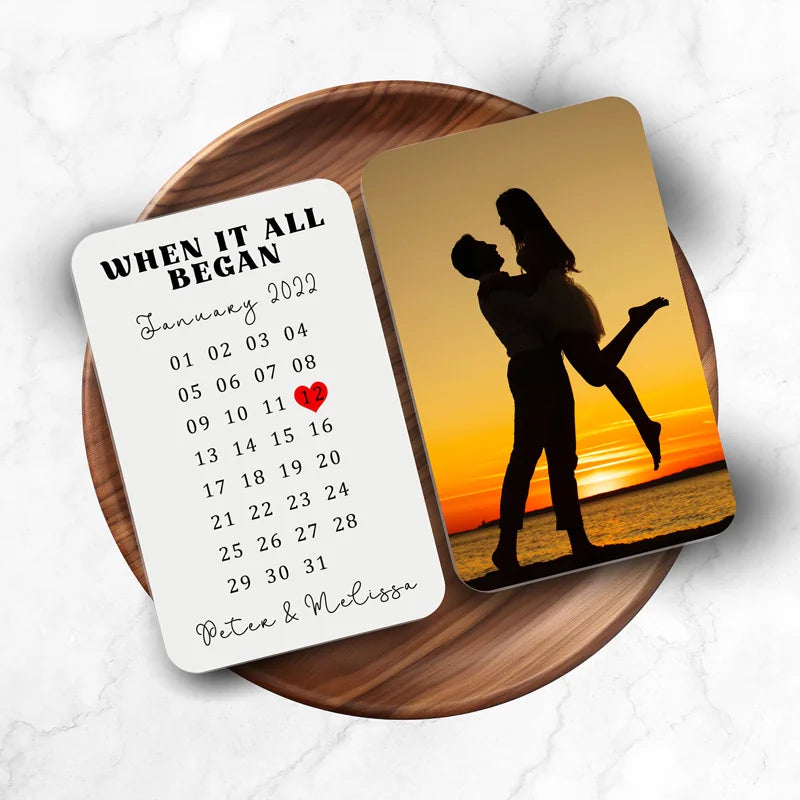 Personalised metal wallet card with date when it all began