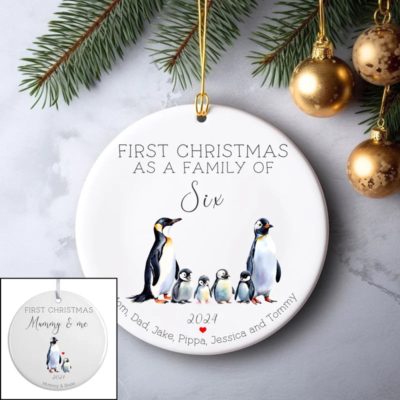Personalised penguin family Christmas bauble