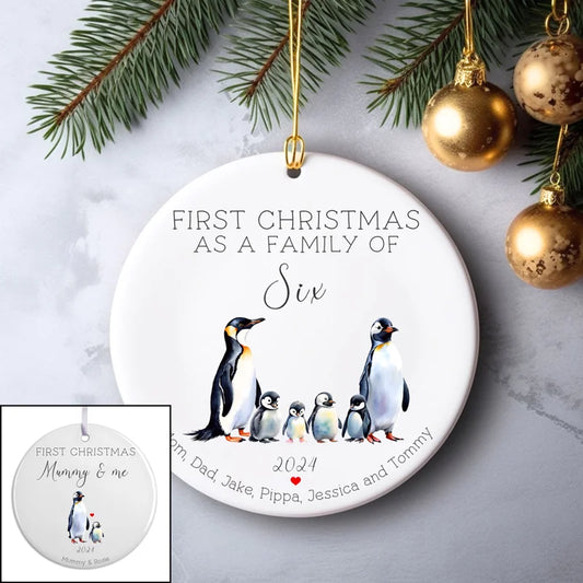 Personalised penguin family Christmas bauble