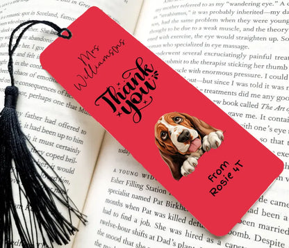 Personalised thank you bookmark featuring a chosen dog and background