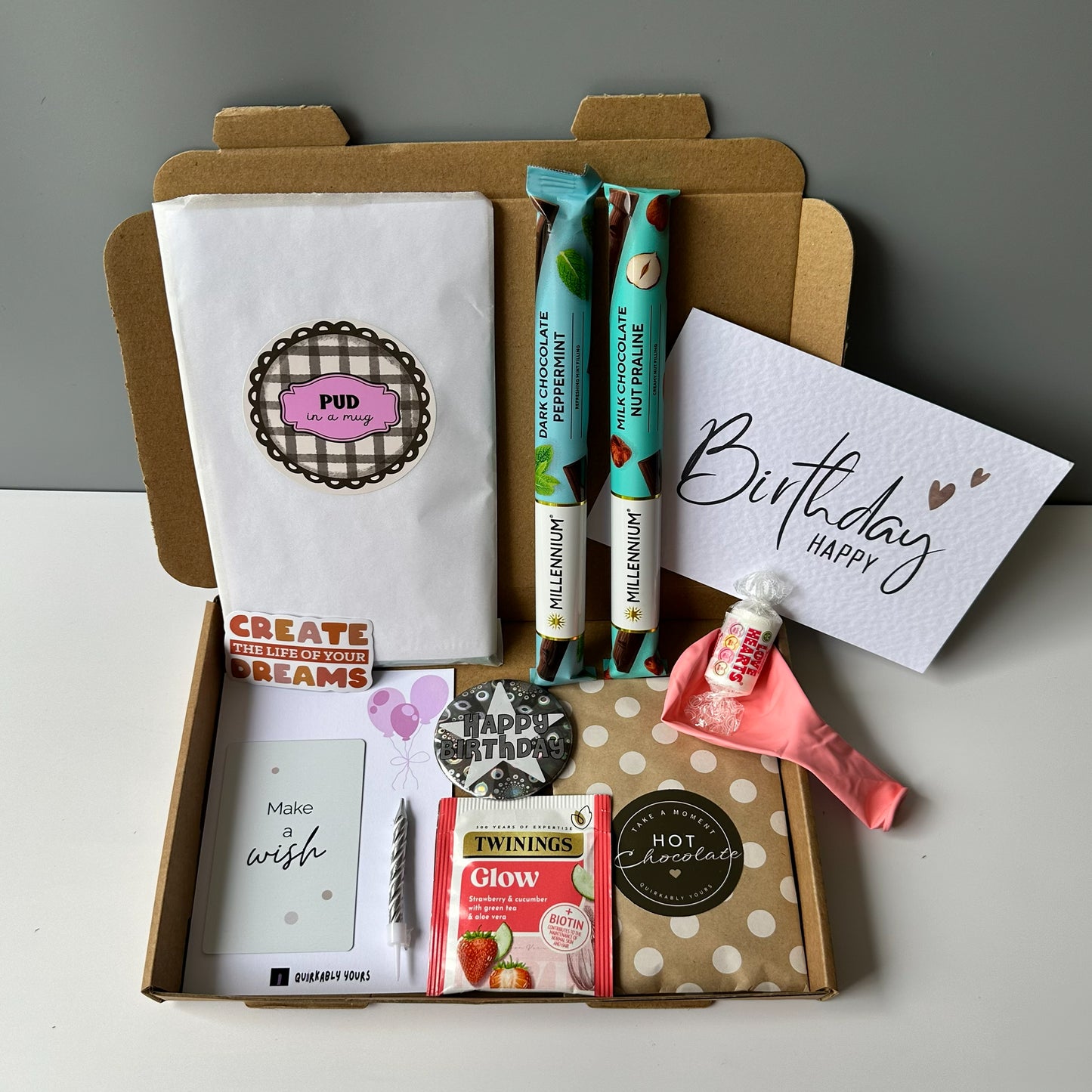 Birthday in a box cake candle and treats letterbox gift set