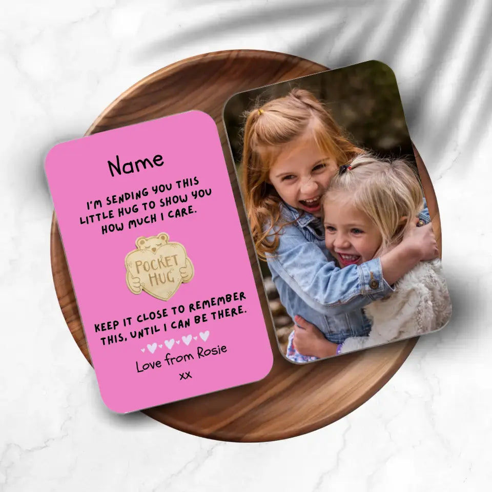 Pocket hug card showing back and front with photo with a pocket hug motif