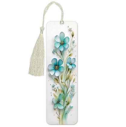 Stunning bookmark gift.  White background. Beautifull life like teal / light blue flowers that are 3d.  I lovely present