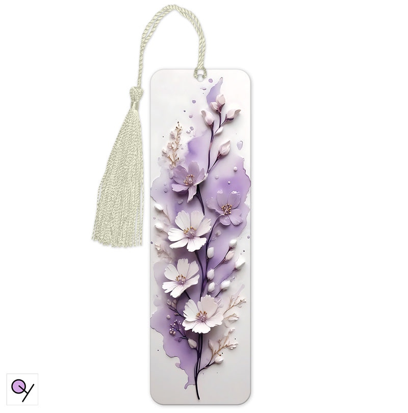 Modern and beautiful White and purple 3D floral bookmark, 15x4.5 cm, printed on one side. Ideal gift.