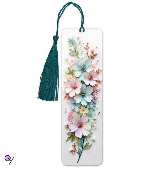 Soft Pastel Flowers on a white bookmark.  Simple elegant, with a blue tassel.  Striking bookmark gift