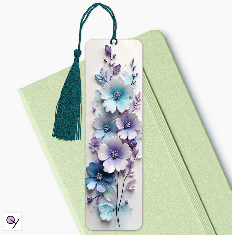 Aluminum bookmark featuring stunning purple and blue 3D flowers, very pretty and modern, perfect gift idea.