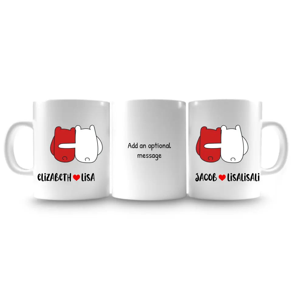 Quirky personalised mug with cute characters and heart design