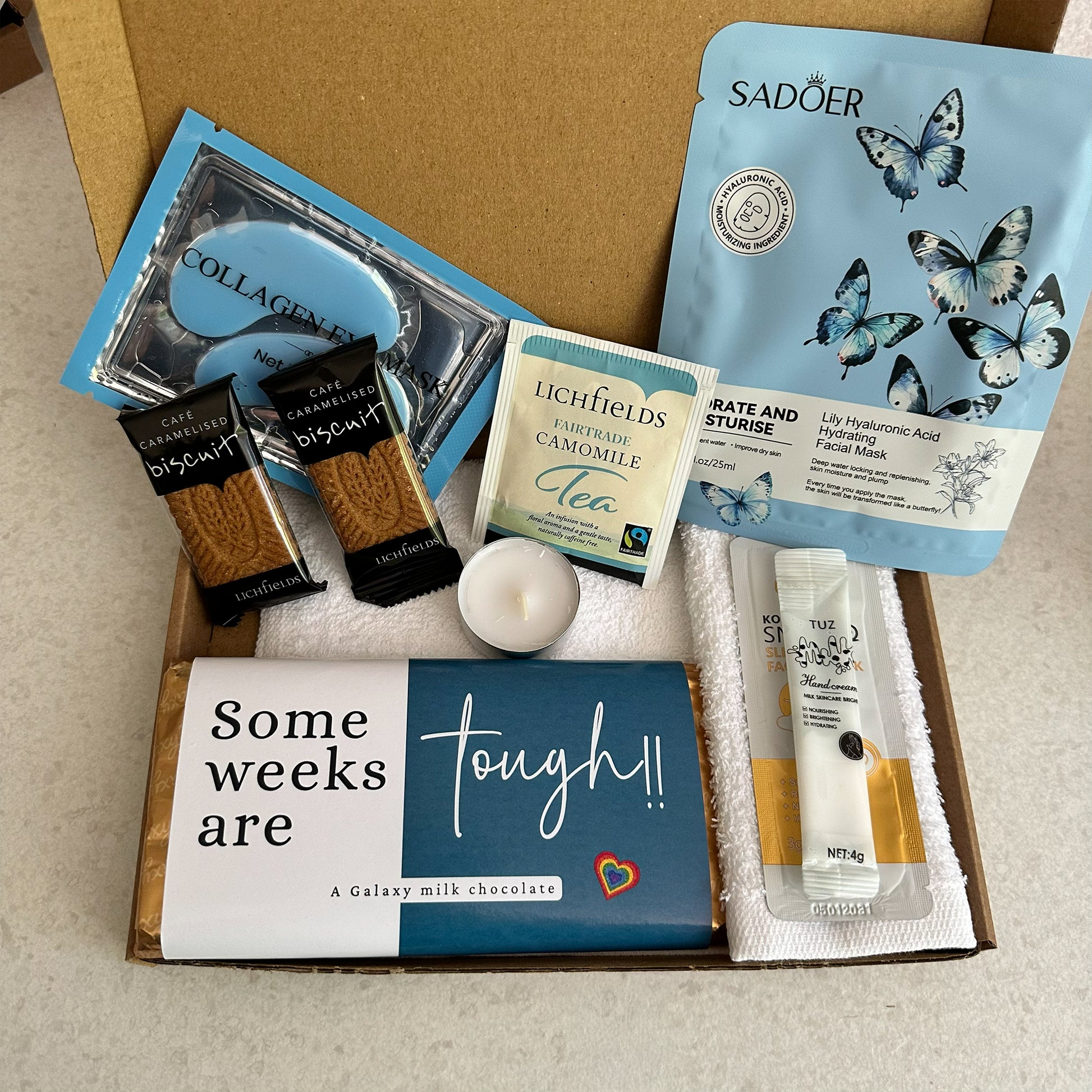 Support gift box for hard times with thoughtful self care and treats