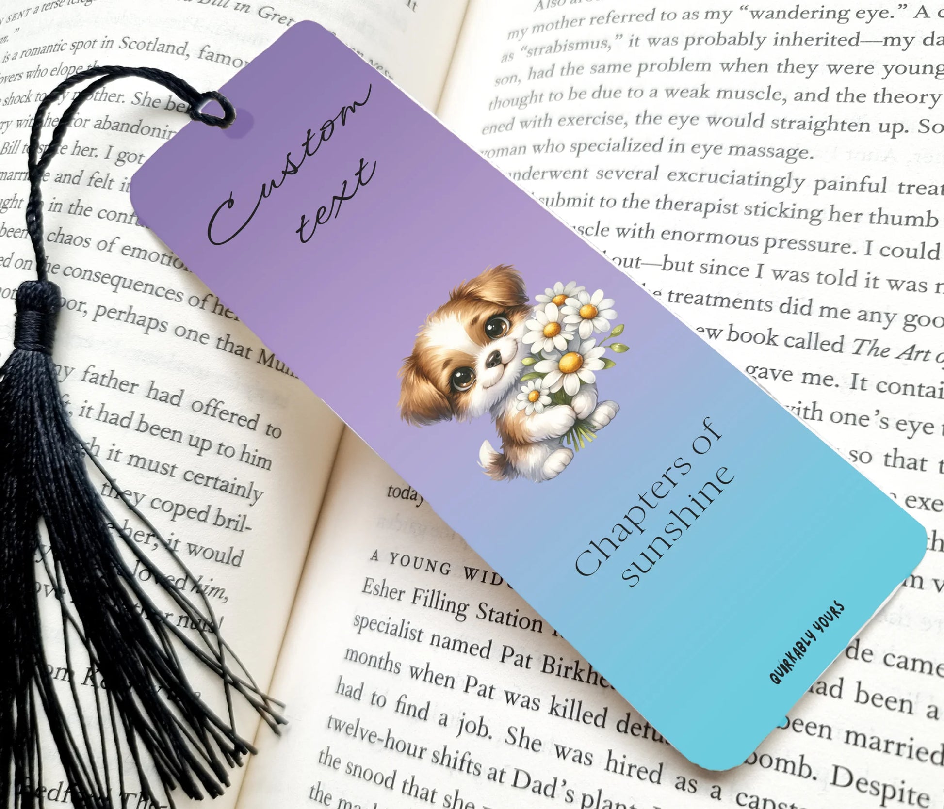 Bookmark with a dog illustration and text on an open book with Custom text 