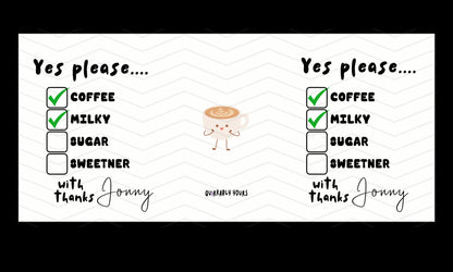 Coffee order form with checkboxes for coffee, milky, sugar, and sweetener, with a cartoon coffee cup illustration.