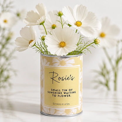Unique personalised gift tin with grow your own white cosmos