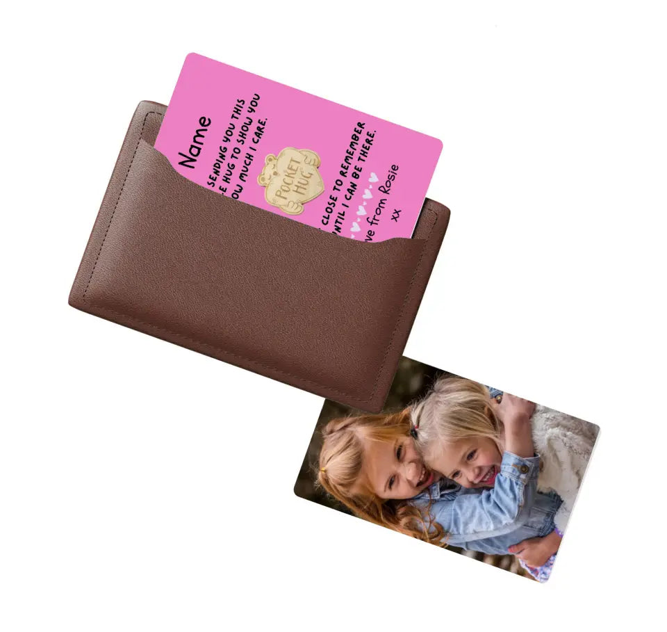 Wallet card with photo sending a hug with personalisation.  fits in a wallet